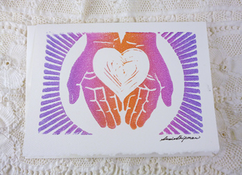 SJS-C Linoleum Block Print Card, Heart & Hands